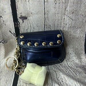 Navy Blue Mini Keychain Purse with Gold Studs by KATHY Van Zeeland. 3x4, new